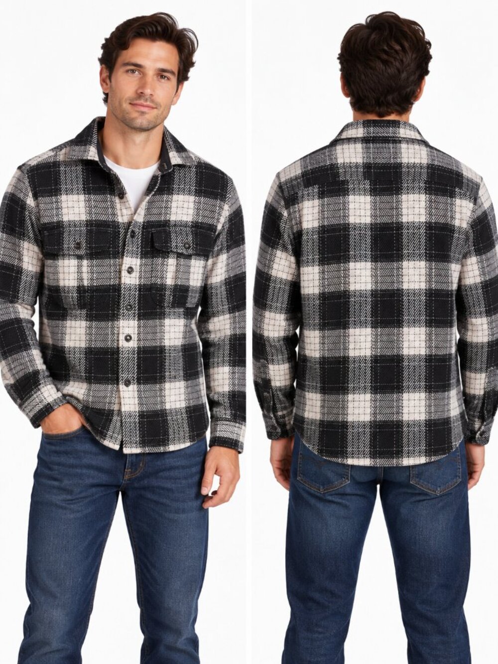 Banana Republic Fireside Plaid Heavyweight Flannel Shirt Jacket Men's S Black